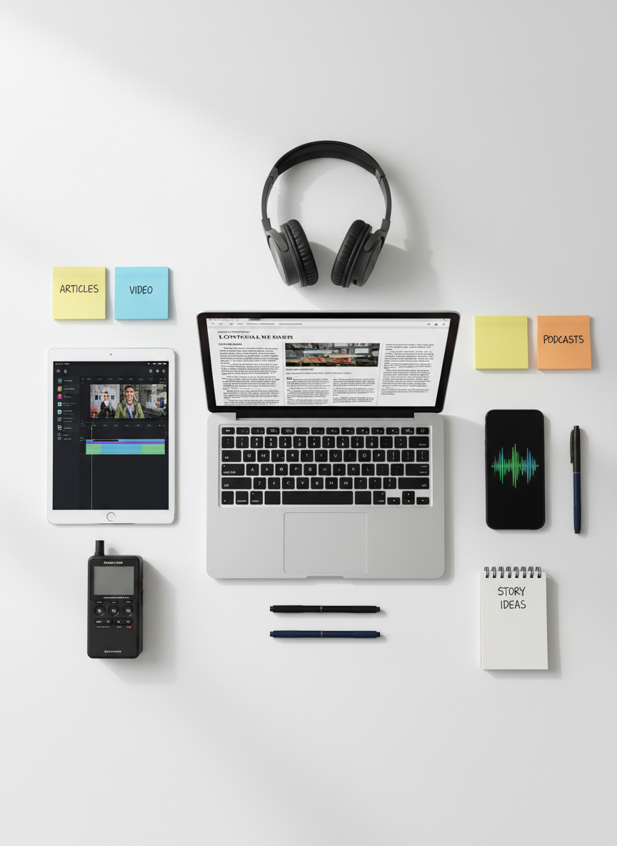 A detailed flat-lay of journalism tools arranged on a smooth, matte white surface to illustrate a reporting portfolio by format. A thin silver laptop shows a draft article layout, beside a tablet displaying a video timeline and a smartphone with a podcast waveform on screen. Surrounding these are color-coded sticky notes, a compact digital recorder, and a pair of over-ear headphones. Soft overhead daylight creates subtle, even shadows and clear highlights on metallic edges, conveying a precise and organized mood. Captured from a bird’s-eye, photographic perspective, the composition is balanced and spacious, with each object sharply in focus to emphasize multimedia storytelling and professional versatility.