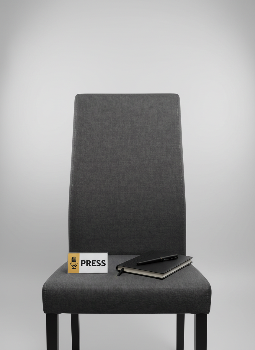 A polished, abstract representation of a professional headshot without any human figure: a high-backed, charcoal-gray studio chair centered against a seamless light gray backdrop. Resting on the chair is a neatly arranged press badge, a slim leather notebook, and a sleek black pen, suggesting a journalist’s presence. Soft studio lighting from both sides eliminates harsh shadows, creating a clean, corporate portrait feel. The composition is centered and symmetrical, with photographic realism and crisp detail. The atmosphere is confident and professional, evoking the look of a headshot session while keeping the focus on the tools of the trade rather than a person.