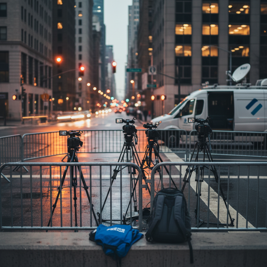 An atmospheric street-level scene illustrating on-the-ground reporting of current events, depicted without people: a quiet city intersection at dusk with metal barricades, a small cluster of unattended news cameras on tripods, and a branded news van parked to the side with its satellite dish raised but logo blurred into abstraction. Streetlights cast pools of warm light onto wet pavement, creating reflections of traffic signals and building windows. A folded press vest and a compact backpack sit on a low concrete barrier, hinting at active coverage. Captured with photographic realism at eye level, the composition uses a shallow depth of field so the foreground gear is crisp while the city background softens, evoking urgency and real-time journalism.