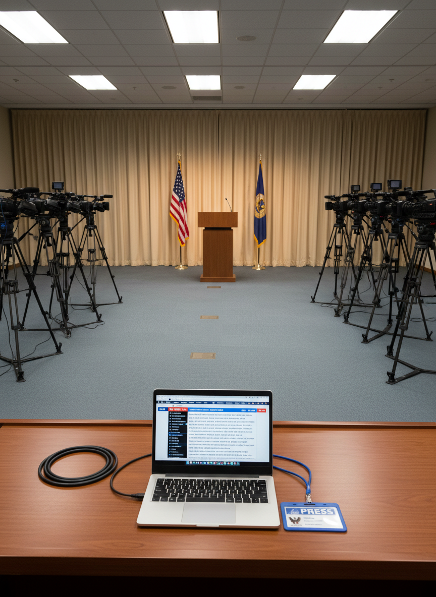 A dynamic scene of a press area set up for a political event, shown without people: a row of unattended cameras on tripods lines the back of a large, carpeted conference room. In the foreground, a reserved press table holds an open laptop with a live news feed, a coiled microphone cable, and a neatly labeled press pass. At the front, a podium stands beneath spotlights, backed by neutral curtains and simple flags. The room is lit by a mix of soft stage lighting and ambient overhead lights, creating gentle contrasts and reflections on metal and glass surfaces. Photographic realism, shot from a slightly elevated angle, conveys anticipation and seriousness in a composed, professional atmosphere.